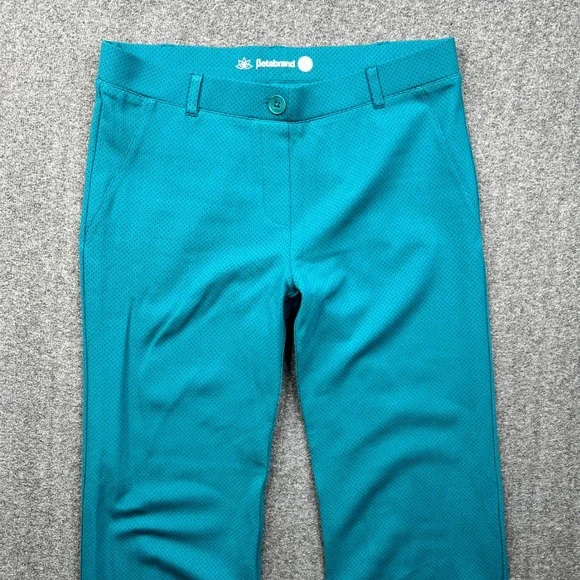Betabrand Dress Pant Yoga Pants Women L Petite Teal Blue Micro Dot Straight Leg - Picture 9 of 13